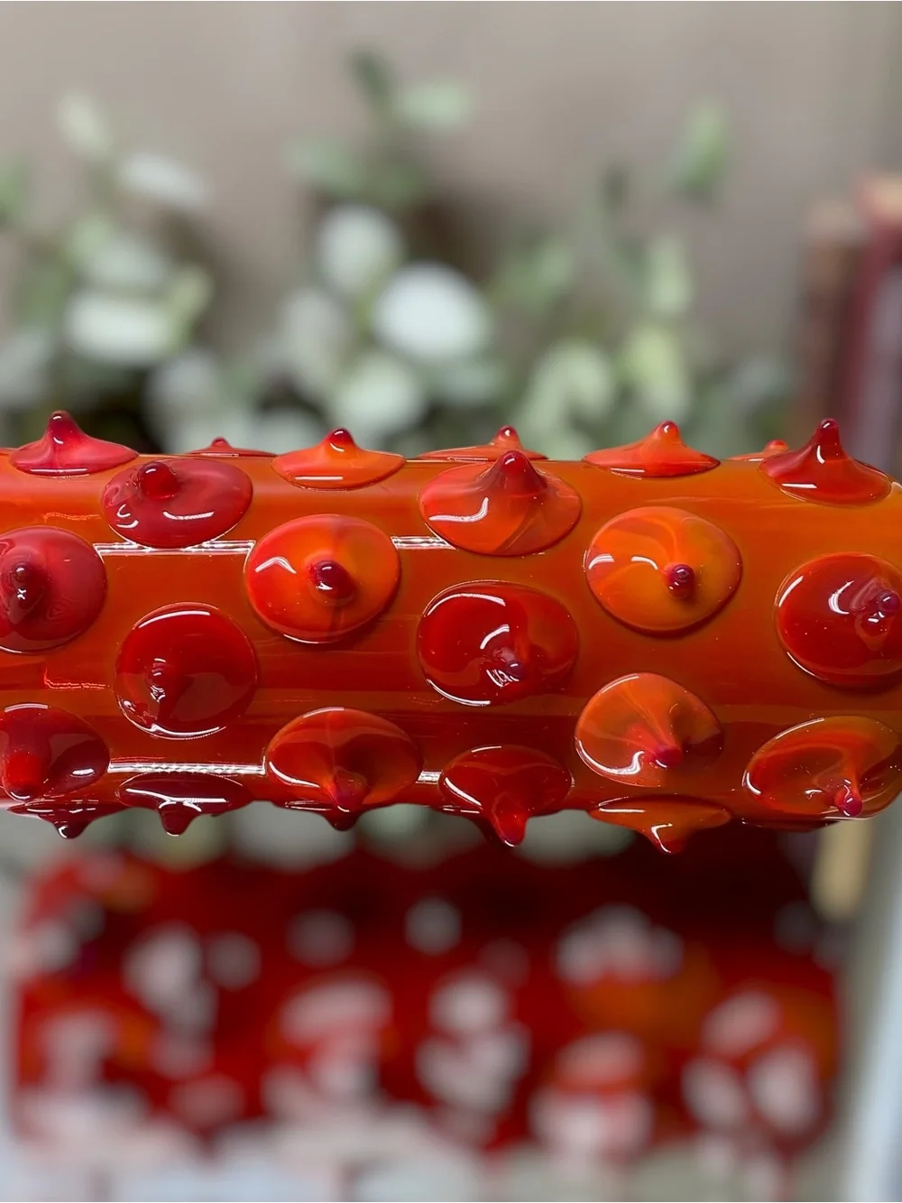Vintage Large Applied Art Glass Vase Chunky 10 5/8” Tall Red Amberina Hand Blown